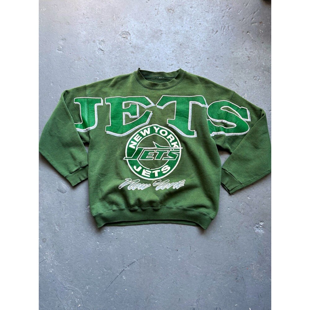 Vintage 90s New York Jets Spellout Sun Faded Sweatshirt Green